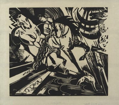 'Riding School After Ridinger,' by Franz Marc. An unpublished woodcut from 1913. Contemporary comic book art clearly owes a lot to the drama of German Expressionism. 